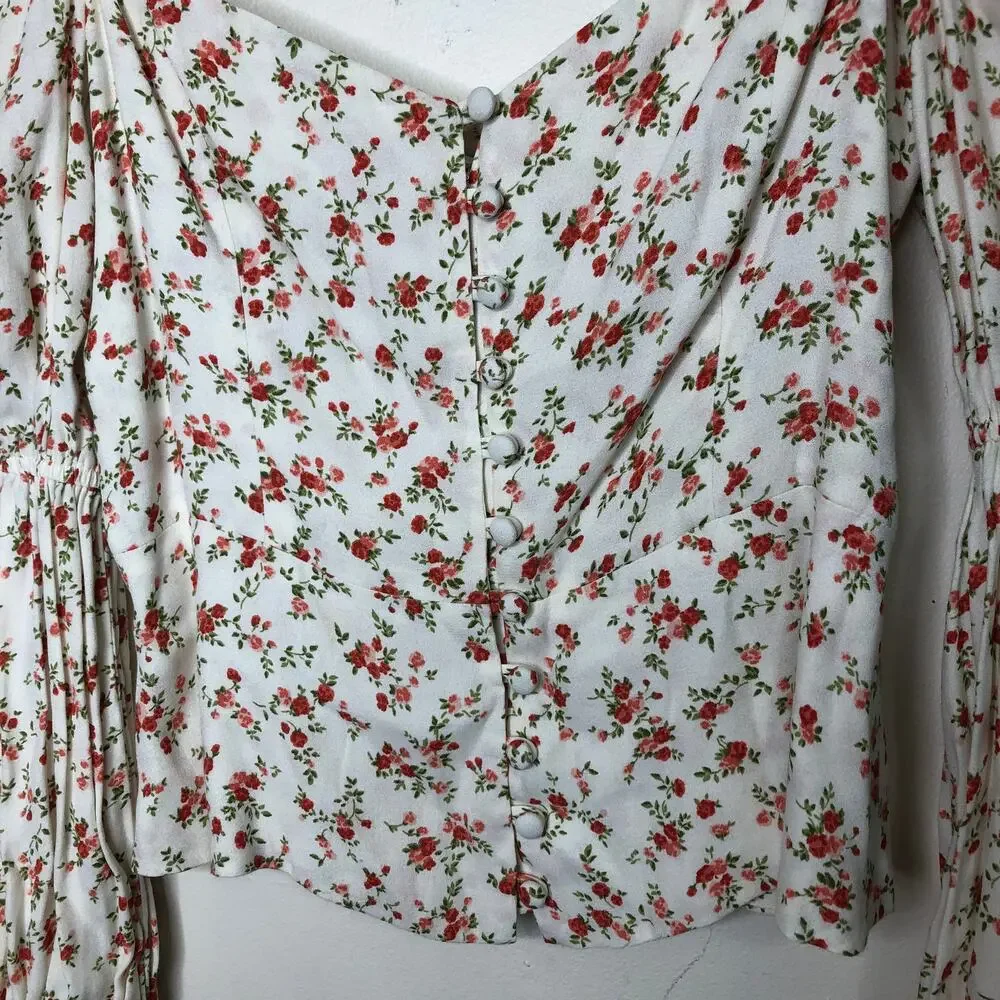 Reformation Cera Top White Red Floral Long Sleeve Button Front Sweetheart Neck 8
